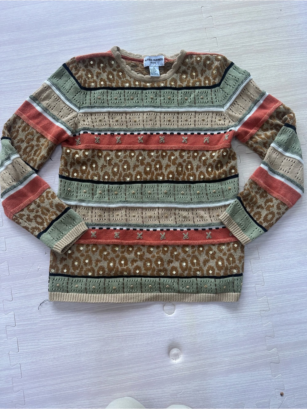 Vintage Alfred Dunner Striped Knit Sweater Orange, Sage Green and Leopard Print